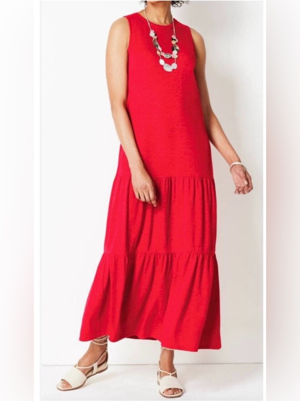 J. Jill Red Cotton Modal Slub Knit Tiered Maxi Dress Sleeveless Flowy Size L